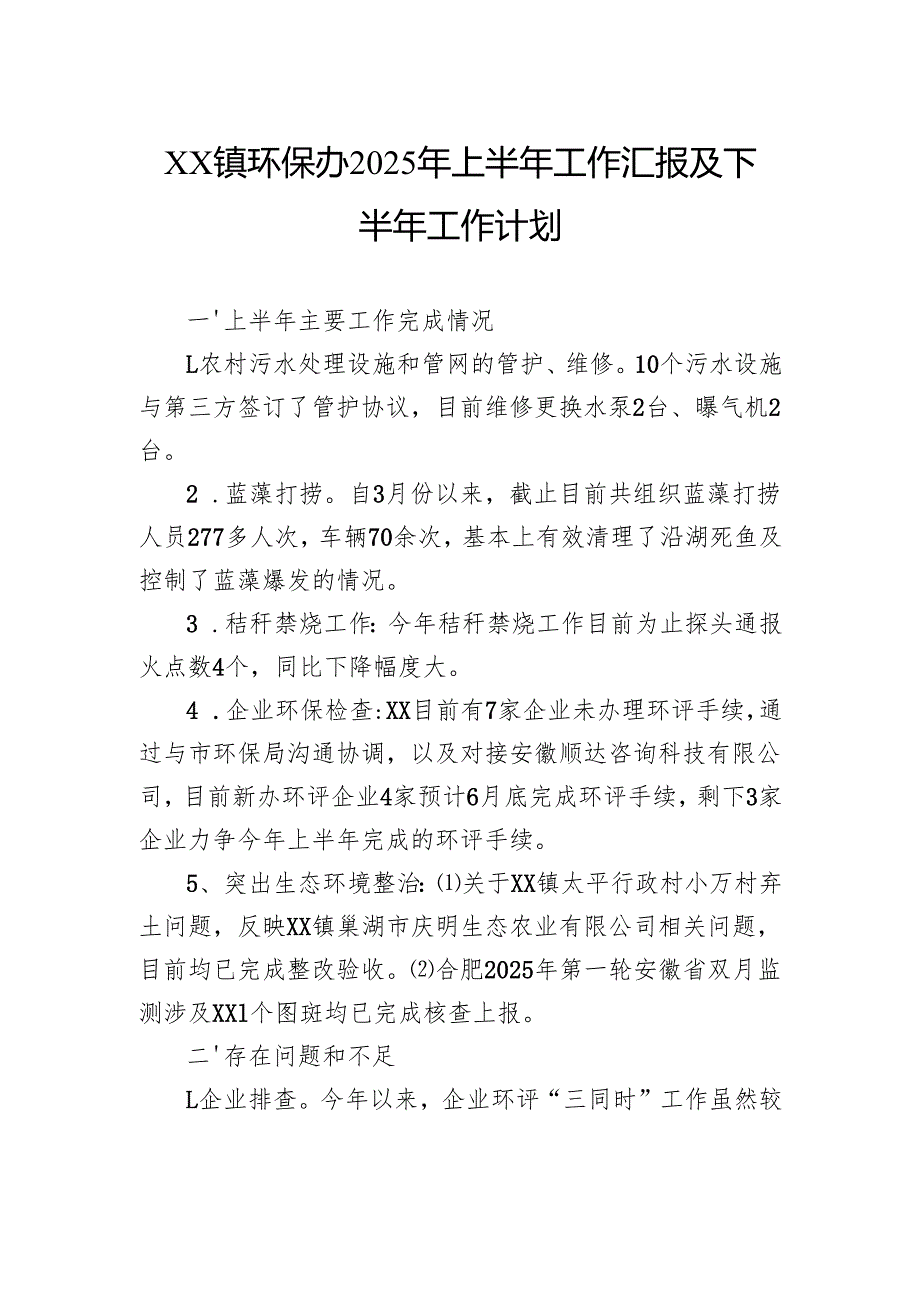 镇环保办2025年上半年工作汇报及下半年工作计划.docx_第1页
