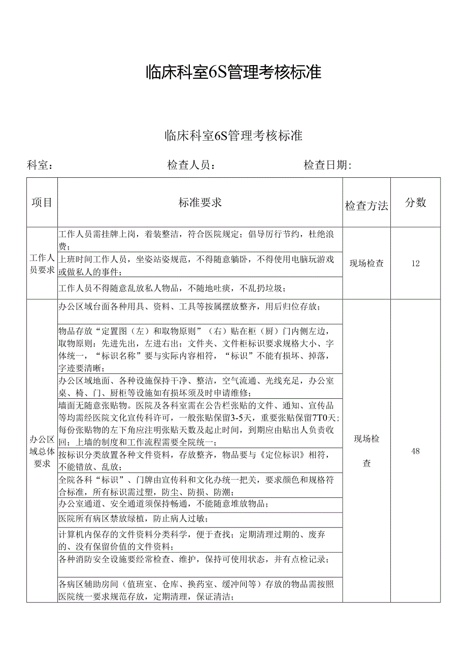 临床科室6S管理考核标准.docx_第1页