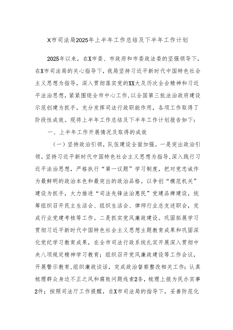 X市司法局2025年上半年工作总结及下半年工作计划.docx_第1页