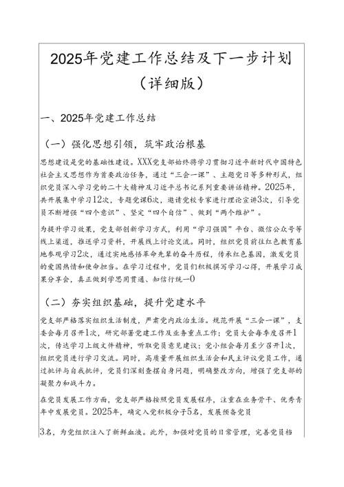 2025 年党建工作总结及下一步计划（详细版）.docx