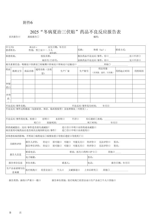 2025年冬病夏治三伏贴不良反应报告表.docx