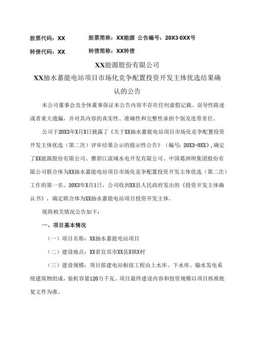 XX能源股份有限公司XX抽水蓄能电站项目市场化竞争配置投资开发主体优选结果确认的公告（2025年）.docx
