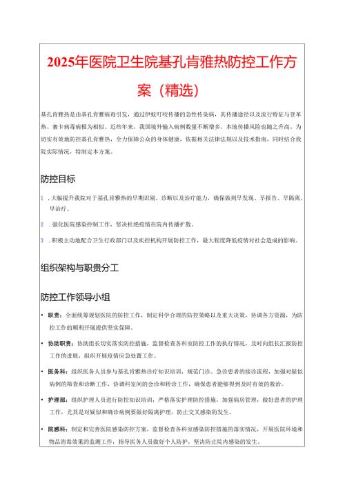 2025 年医院卫生院基孔肯雅热防控工作方案（精选）.docx