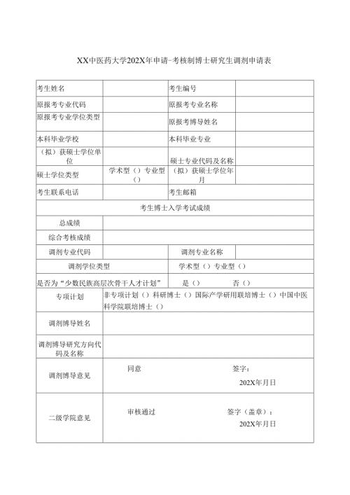 XX中医药大学202X年申请-考核制博士研究生调剂申请表（2025年）.docx