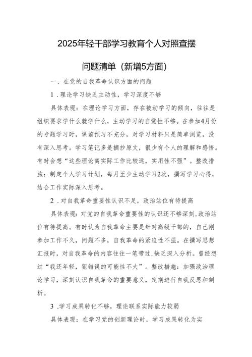 2025年轻干部学习教育个人对照查摆问题清单（新增5方面）.docx
