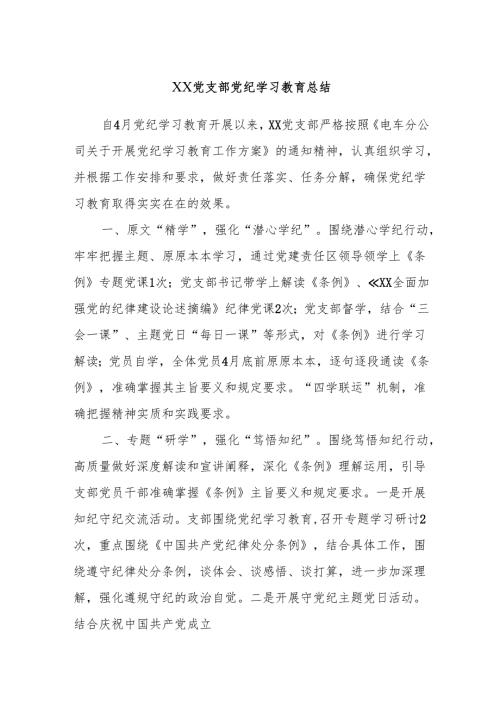 XX党支部党纪学习教育总结.docx