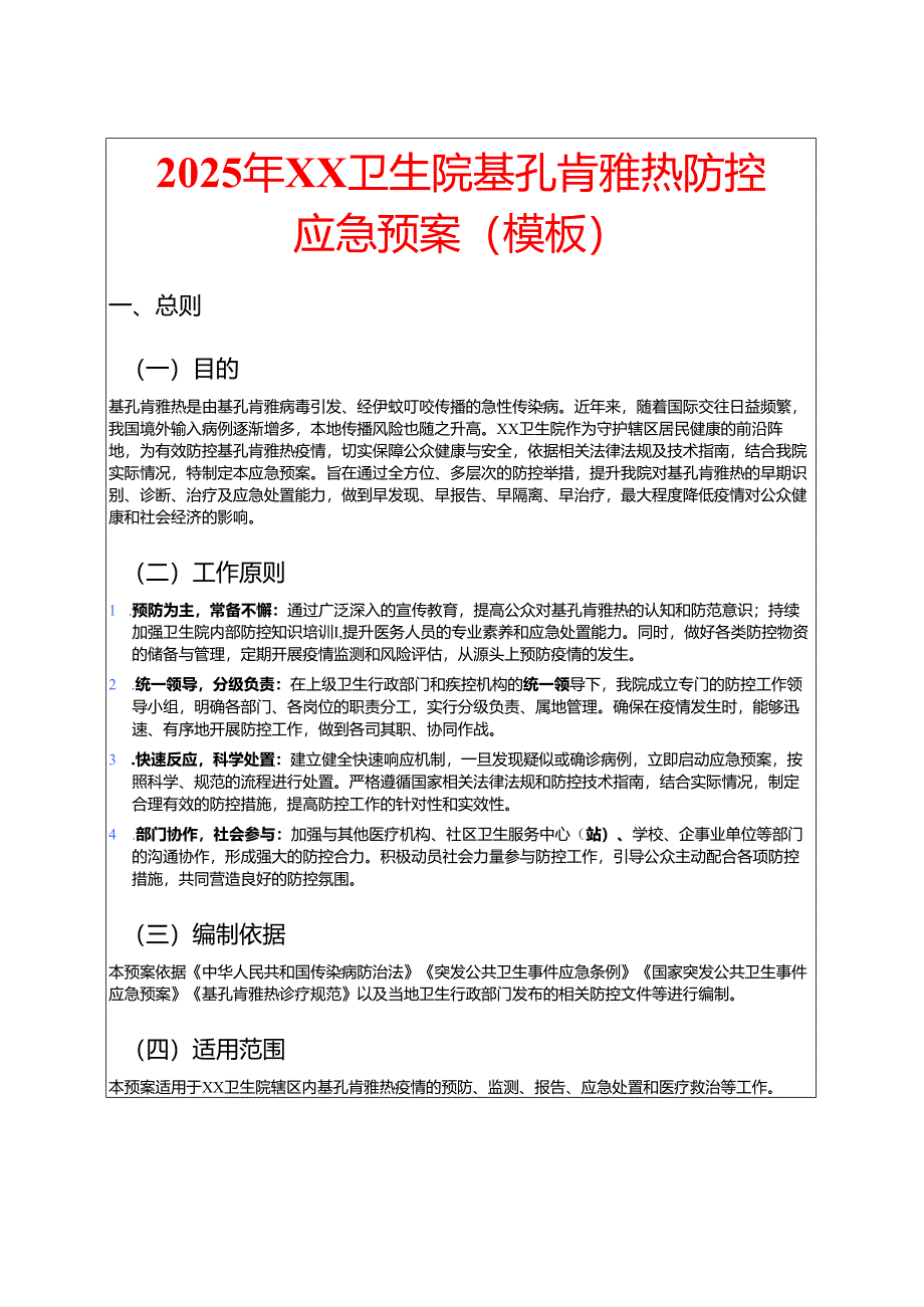 2025年XX卫生院基孔肯雅热防控应急预案（模板）.docx_第1页