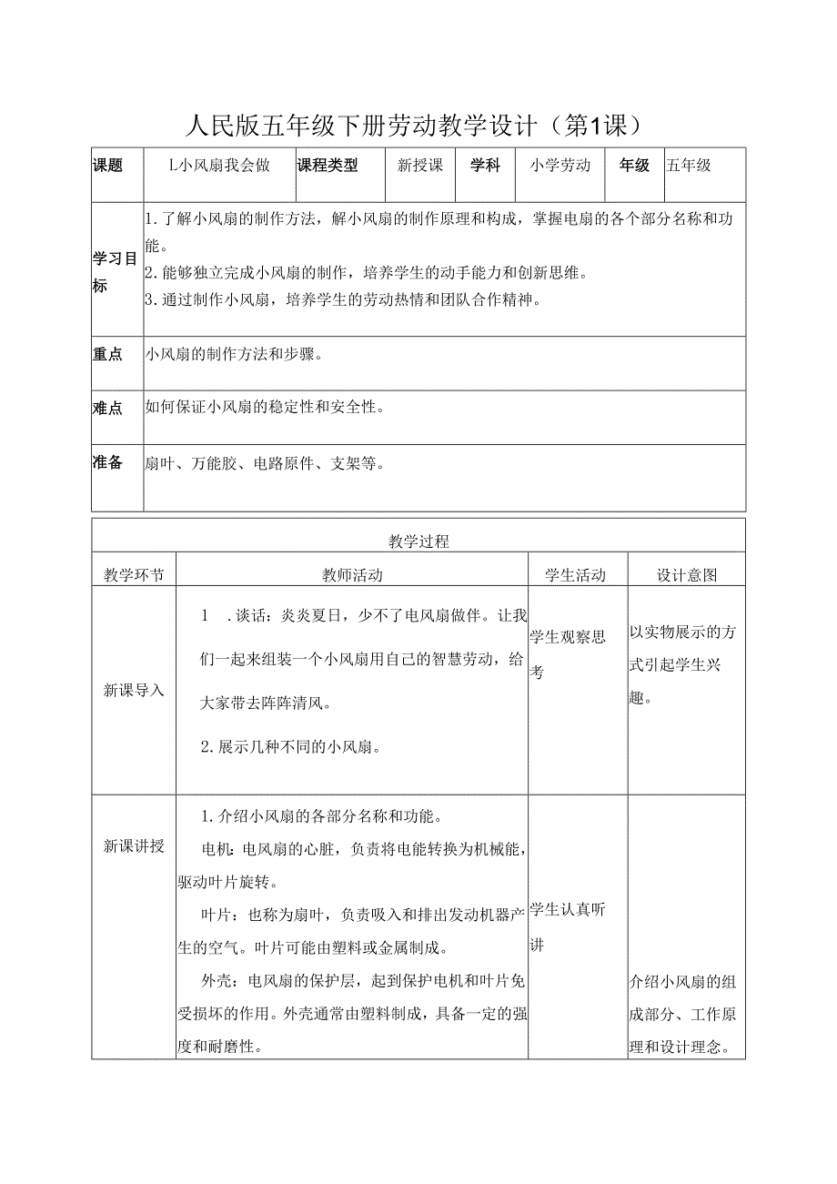 2025-2026学年人民版五年级下册劳动教学设计(第1课)小风扇我会做（教案）.docx_第1页