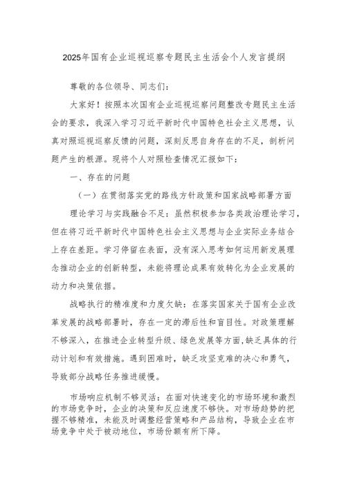 2025年国有企业巡视巡察专题民主生活会个人发言提纲.docx