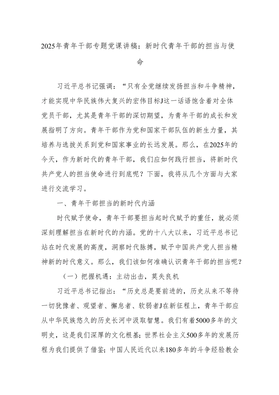 2025年青年干部专题党课讲稿：新时代青年干部的担当与使命.docx_第1页