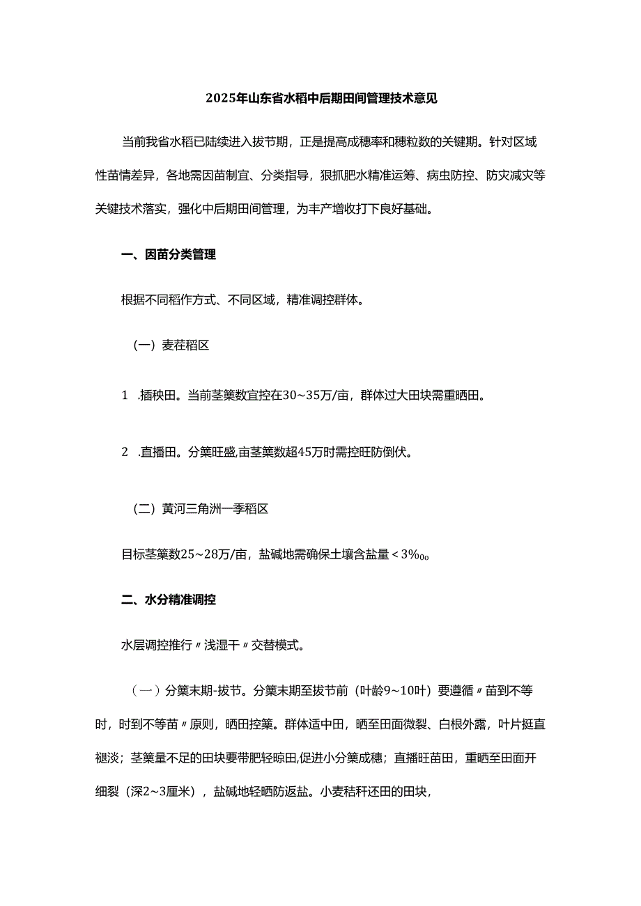 2025年山东省水稻中后期田间管理技术意见.docx_第1页