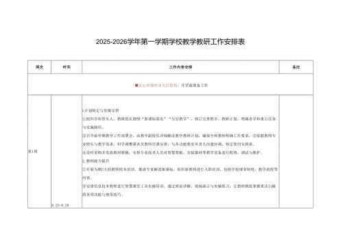 2025-2026学年第一学期学校教学教研工作安排表（可编辑）.docx
