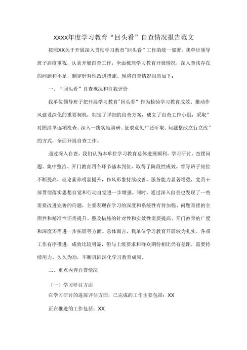 XXXX年度学习教育“回头看”自查情况报告范文.docx