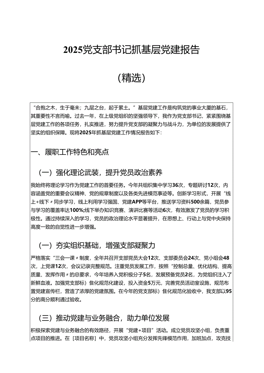 2025 党支部书记抓基层党建报告（精选）.docx_第1页