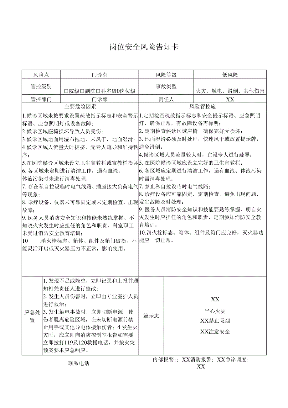 门诊东岗位安全风险告知卡（2025年XX市医院）.docx_第1页