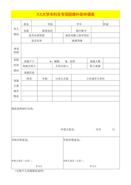 大学本科生专项困难资助申请表.docx