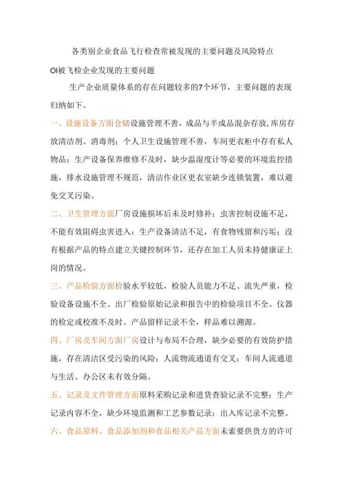 各类别企业食品飞行检查常被发现的主要问题及风险特点.docx