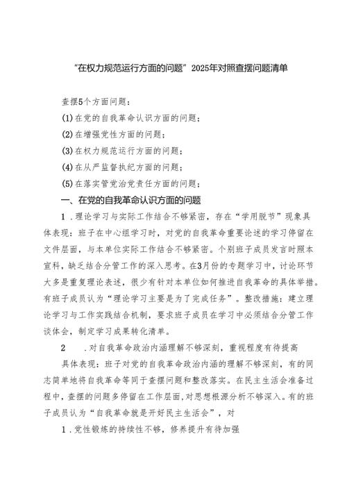 班子“在权力规范运行方面的问题”2025年学习教育对照查摆问题清单（新的五个方面） （参考范文）.docx