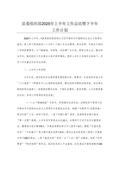 县委组织部2025年上半年工作总结暨下半年工作计划.docx