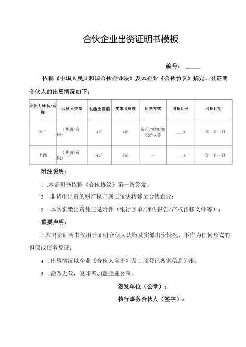 合伙企业出资证明书模板.docx