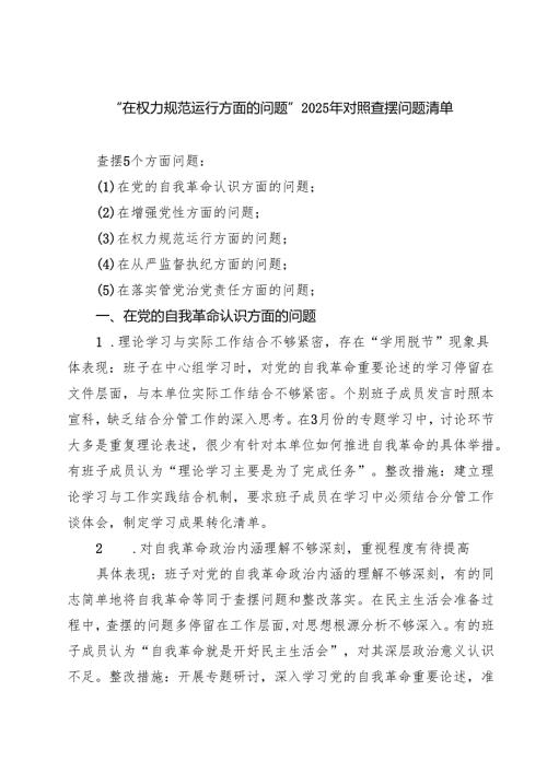 “在权力规范运行方面的问题”2025年学习教育对照查摆问题清单（新的五个方面） 范文完整版.docx