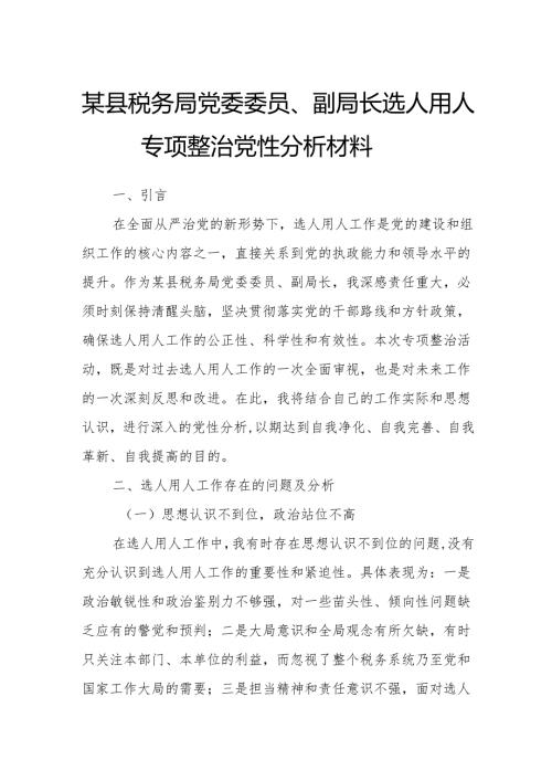 某县税务局党委委员、副局长选人用人专项整治党性分析材料.docx