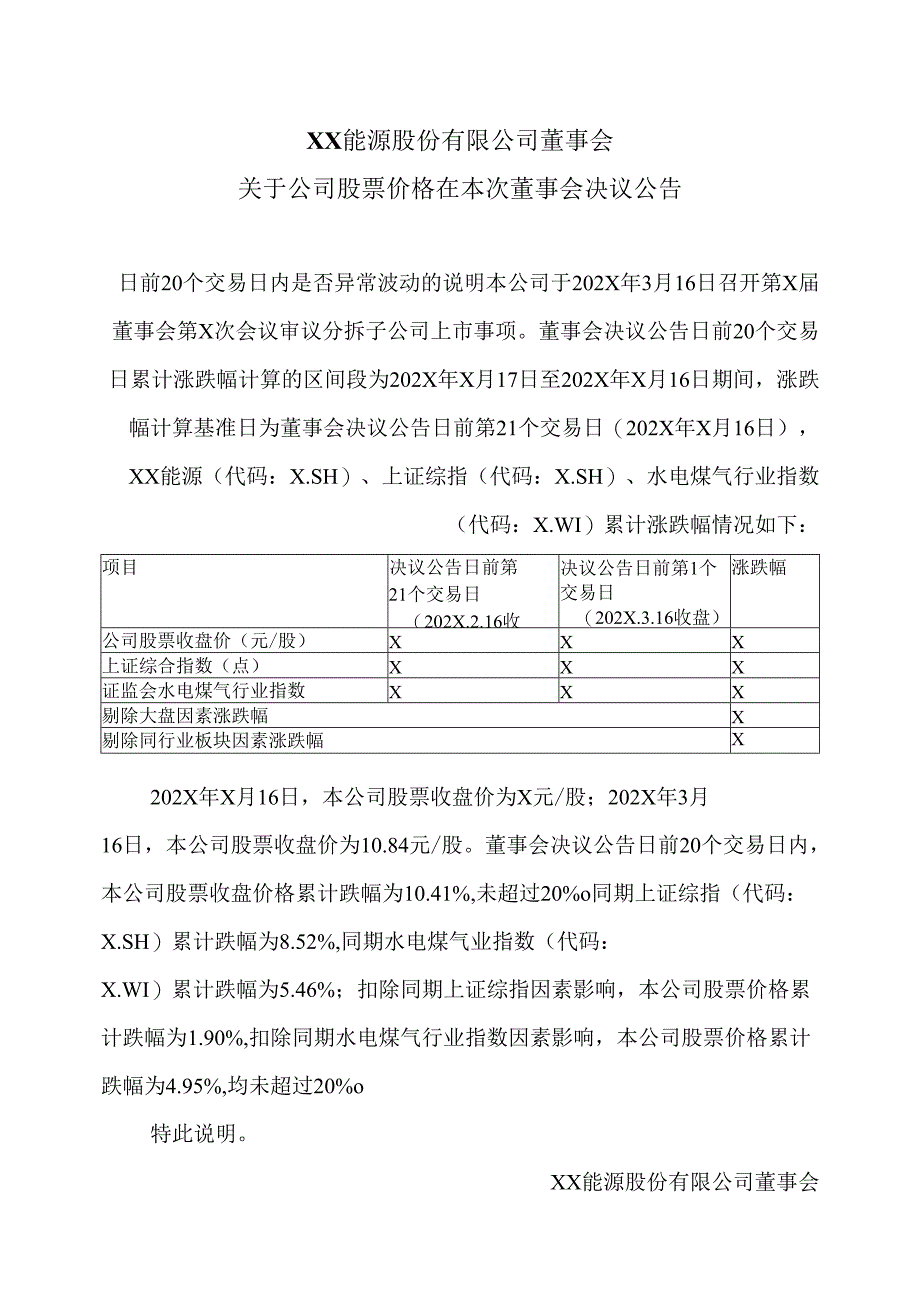 XX能源股份有限公司董事会关于公司股票价格在本次董事会决议公告（2025年）.docx_第1页