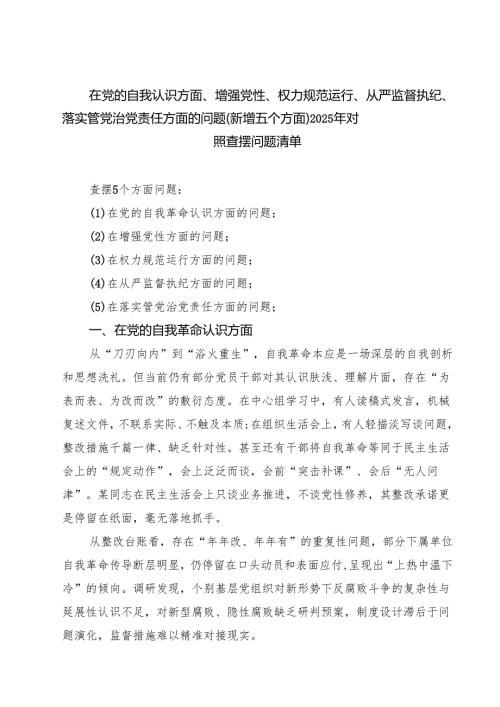 详细通用版支部“在权力规范运行方面的问题”2025年对照查摆问题清单 样本.docx