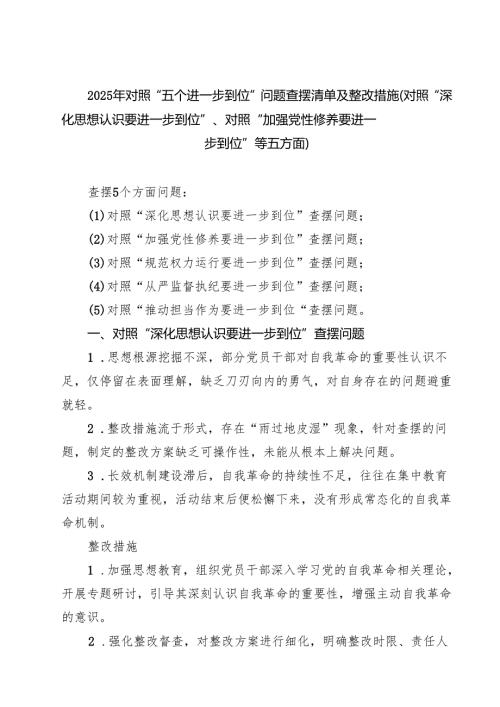 班子 2025 对照“五个进一步到位”问题查摆台账（深化思想认识要进一步到位、加强党性修养要进一步到位、规范权力运行要进一步到位等方面） （.docx