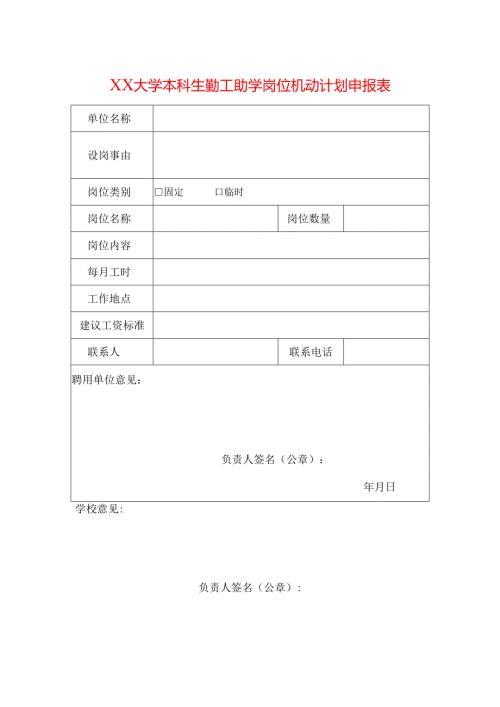 大学本科生勤工助学岗位机动计划申报表模板.docx