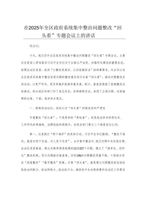 在2025年全区政府系统集中整治问题整改“回头看”专题会议上的讲话.docx
