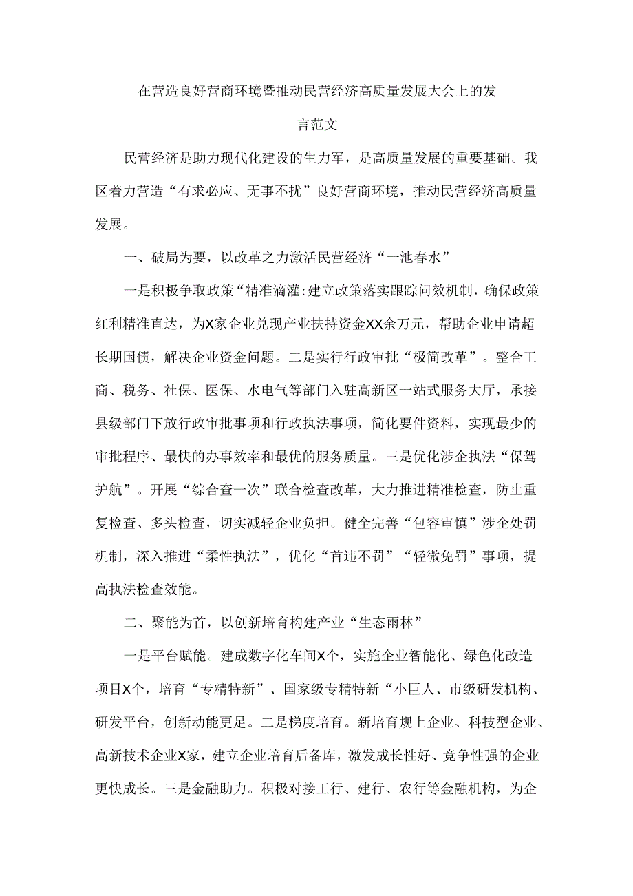 在营造良好营商环境暨推动民营经济高质量发展大会上的发言范文.docx_第1页