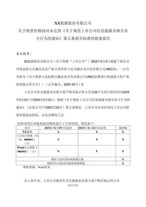 XX能源股份有限公司关于股票价格波动未达到《关于规范上市公司信息披露及相关各方行为的通知》第五条相关标准的提案报告（2025年）.docx