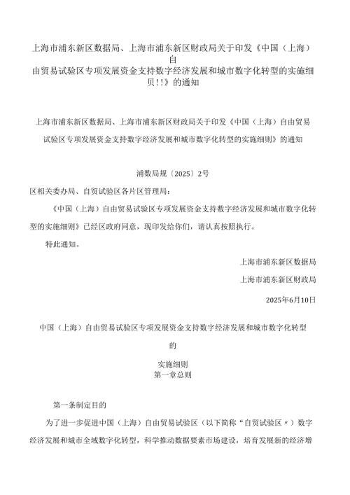中国（上海）自由贸易试验区专项发展资金支持数字经济发展和城市数字化转型的实施细则.docx