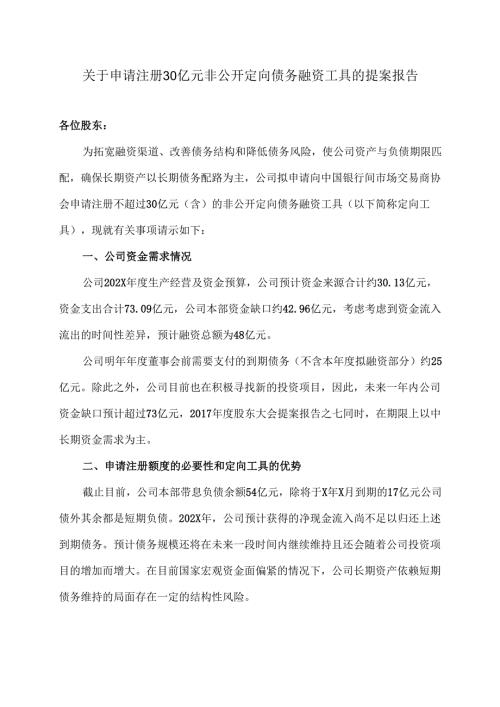 XX能源股份有限公司关于申请注册30亿元非公开定向债务融资工具的提案报告（2025年）.docx