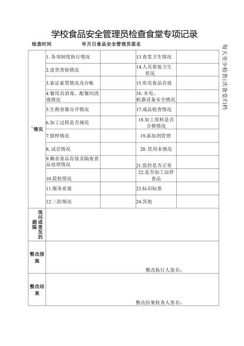 大中小学校食堂食品安全管理员检查食堂专项记录表格A4.docx