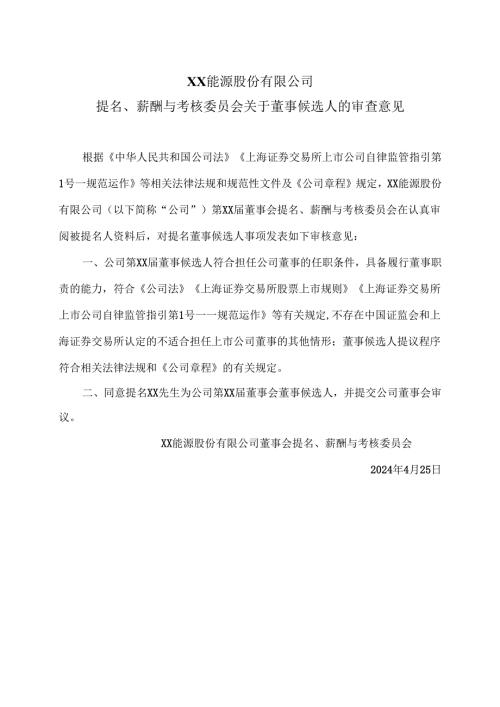 XX能源股份有限公司提名、薪酬与考核委员会关于董事候选人的审查意见（2025年）.docx