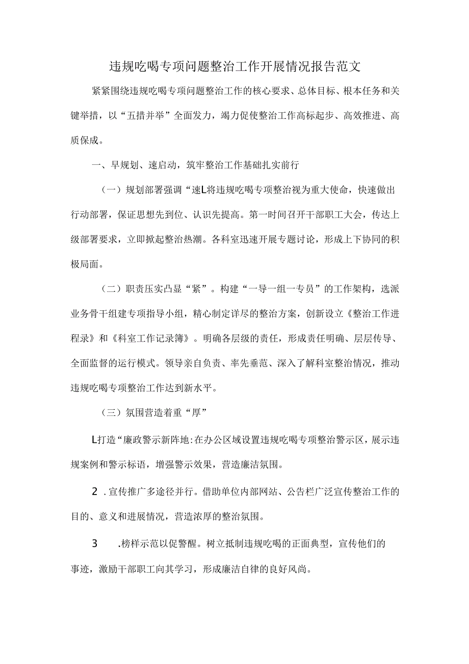 违规吃喝专项问题整治工作开展情况报告范文.docx_第1页