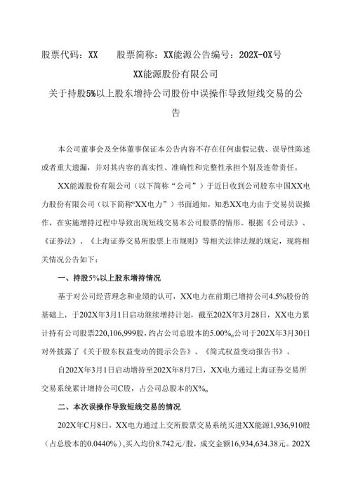 XX能源股份有限公司关于持股5%以上股东增持公司股份中误操作导致短线交易的公告（2025年）.docx