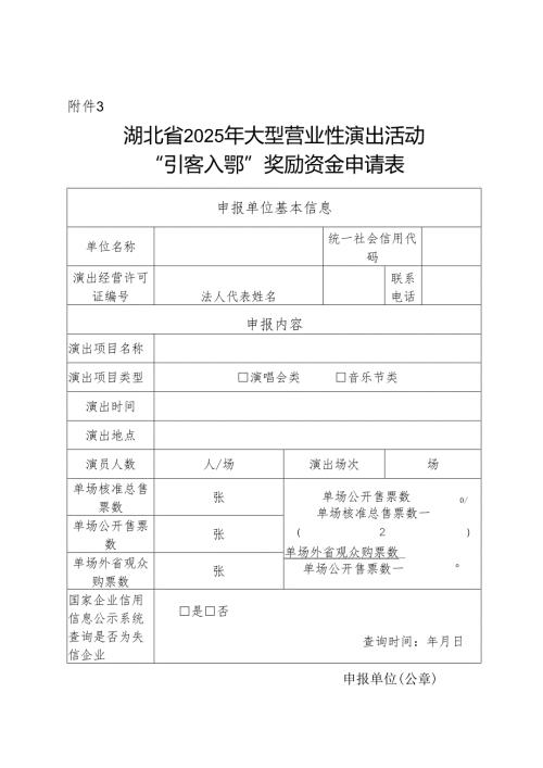 湖北省2025年大型营业性演出活动“引客入鄂”奖励资金申请表.docx