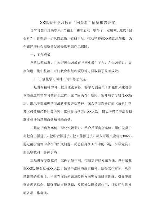 XX镇关于学习教育“回头看”情况报告范文.docx