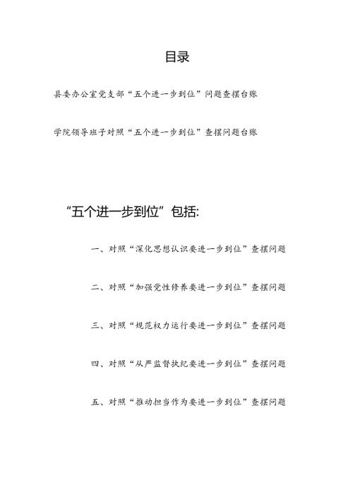 领导班子党支部“五个进一步到位”问题查摆清单台账2份（深化思想认识、加强党性修养、规范权力运行、从严监督执纪、推动担当作为要进一步到位）.docx