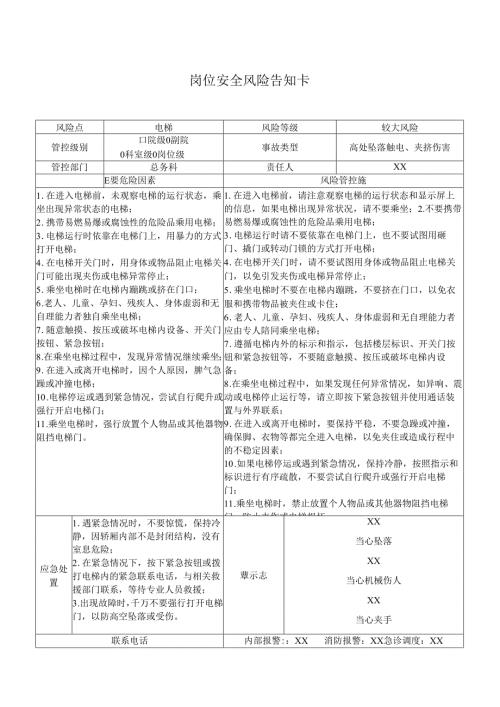 电梯岗位安全风险告知卡（2025年XX市医院）.docx