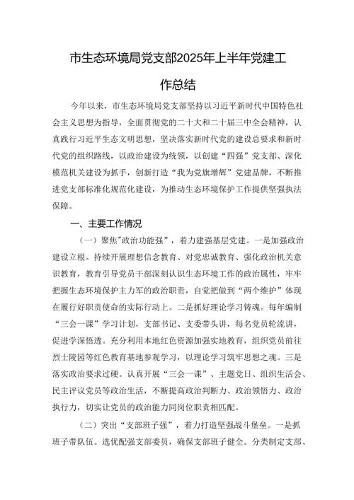 市生态环境局党支部2025年上半年党建工作总结.docx