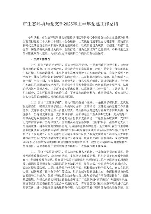 市生态环境局党支部2025年上半年党建工作总结.docx