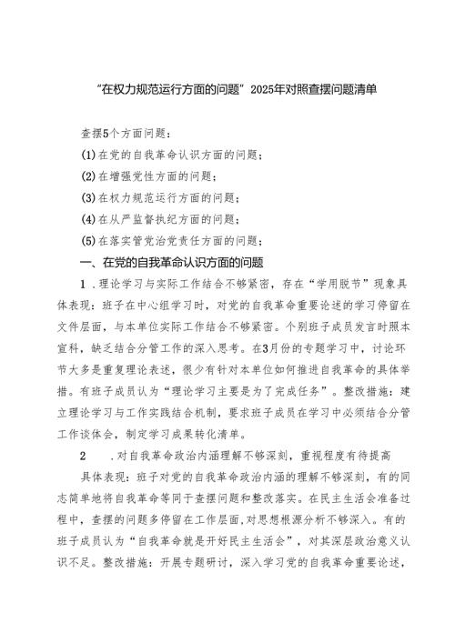 班子“在权力规范运行方面的问题”2025年学习教育对照查摆问题清单（新的五个方面） 精选供参考.docx