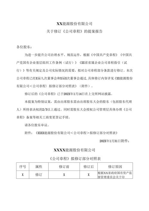 XX能源股份有限公司关于修订《公司章程》的提案报告（2025年）.docx