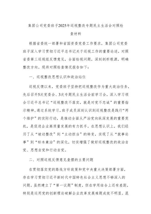 集团公司党委班子2025年巡视整改专题民主生活会对照检查材料.docx