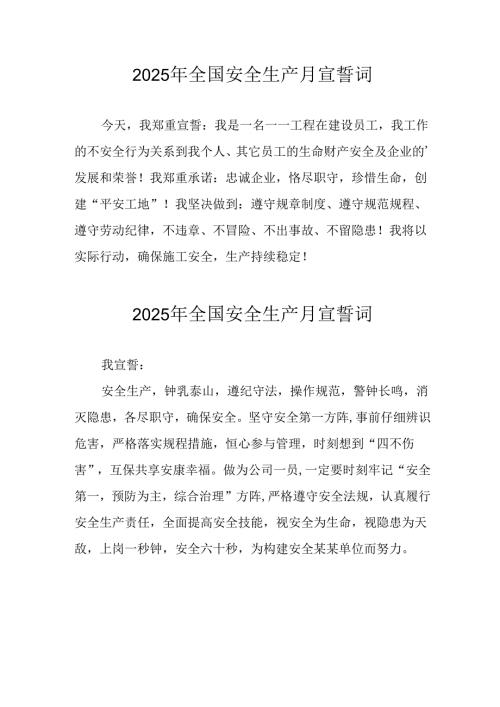 2025年全国《安全生产月》个人宣誓词 （7份）.docx