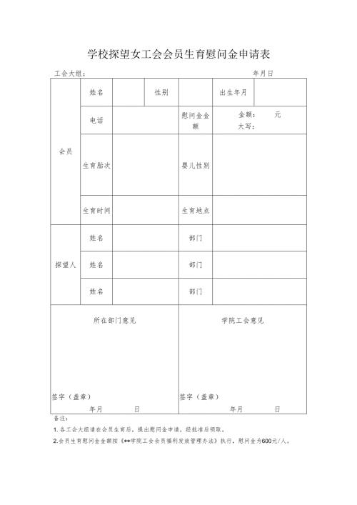 学校探望女工会会员生育慰问金申请表.docx